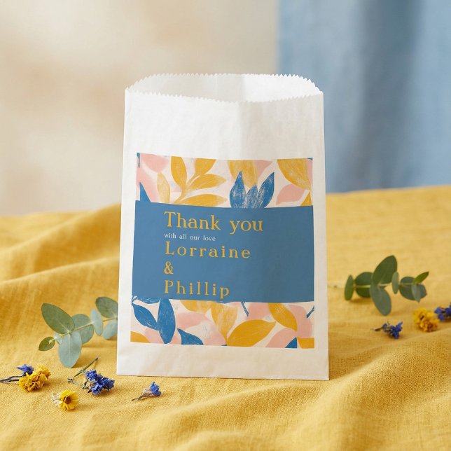 Blue and Yellow Leafy Botanical Wedding thank you Favour Bag (Blue and Yellow Leafy Botanical Wedding thank you Favor Bag.)