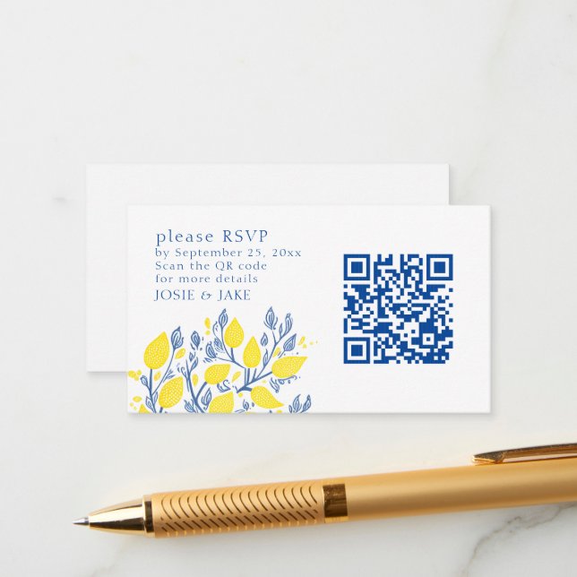 Blue and yellow lemon vines RSVP QR Code Enclosure Card (Front/Back In Situ)