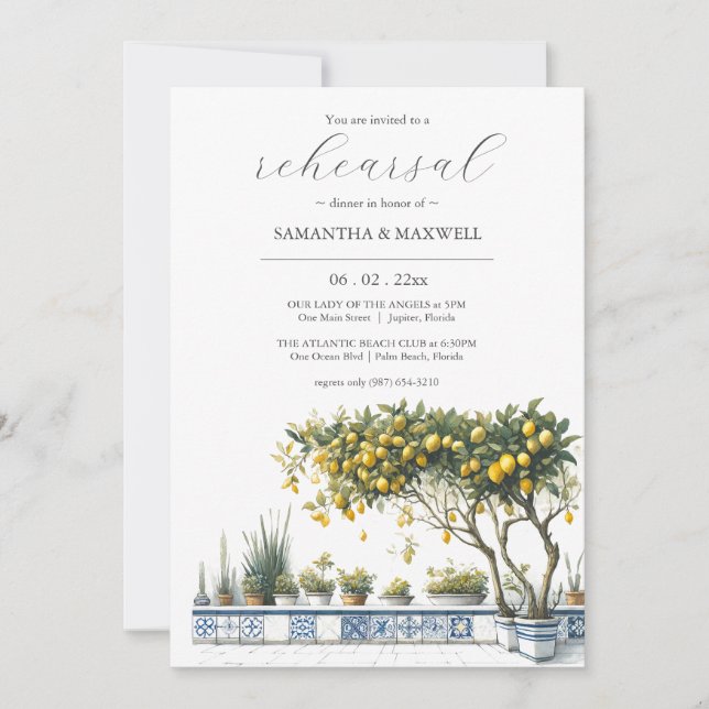 Blue and Yellow Lemon Wedding Rehearsal Dinner Invitation (Front)