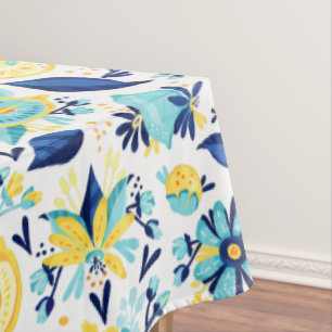 Blue And Yellow Lemons And Flowers Tablecloth
