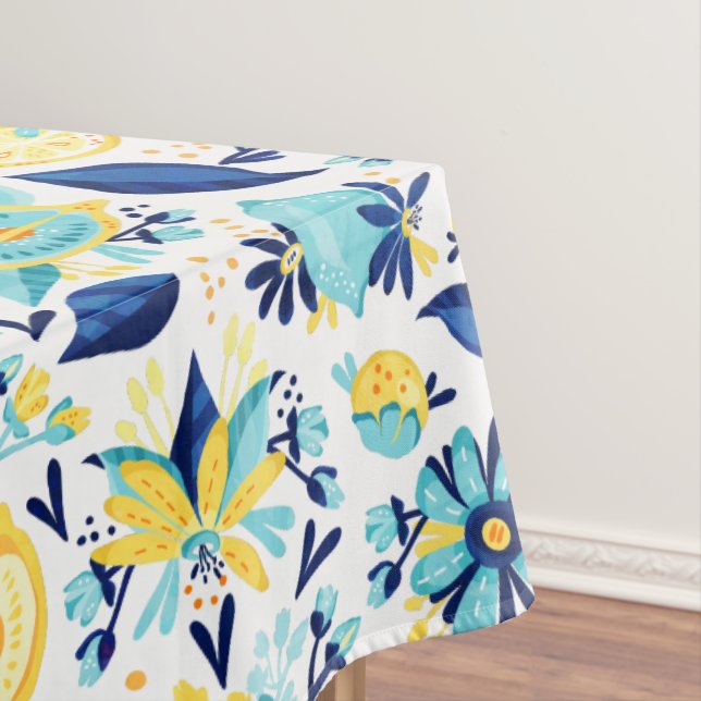 Blue And Yellow Lemons And Flowers Tablecloth (In Situ)
