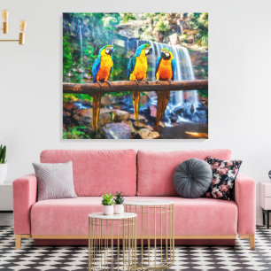 Blue and Yellow Macaw at Tropical Waterfall Canvas Print