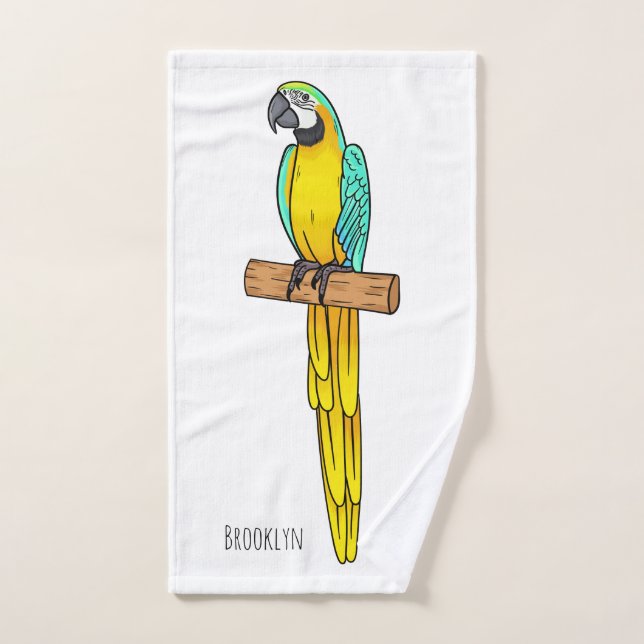 Blue-and-yellow macaw bird cartoon illustration  bath towel set (Hand Towel)