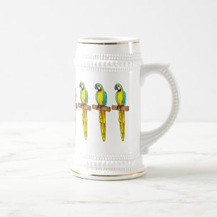Blue-and-yellow macaw bird cartoon illustration beer stein