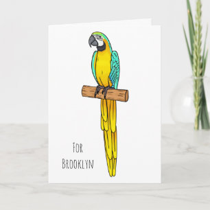 Blue-and-yellow macaw bird cartoon illustration card