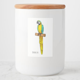 Blue-and-yellow macaw bird cartoon illustration  food label
