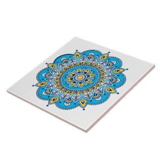 Blue and Yellow Mandala Ceramic Tile. Tile