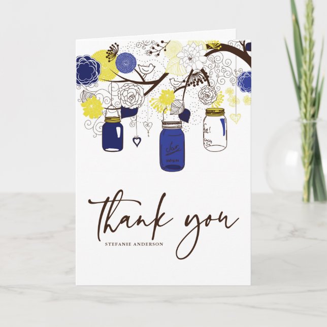 Blue and Yellow Mason Jars Wedding Thank You Card (Front)