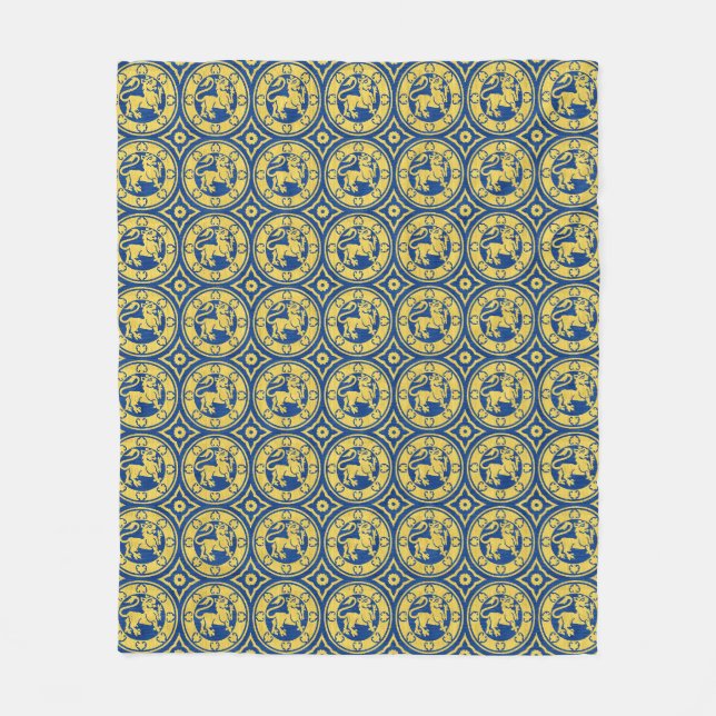 Blue and Yellow Medieval Lions Fleece Blanket (Front)