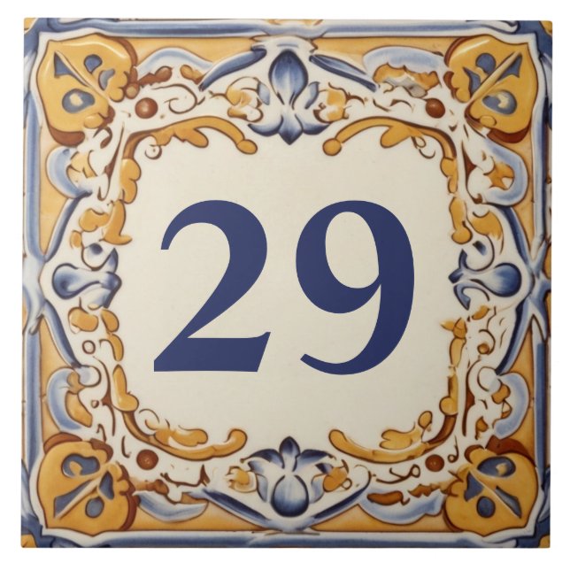 Blue and Yellow Mediterranean House Number Plaque Tile (Front)