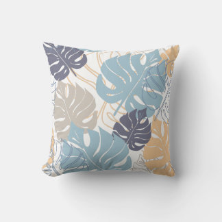 Blue and yellow monstera leaf pattern throw pillow