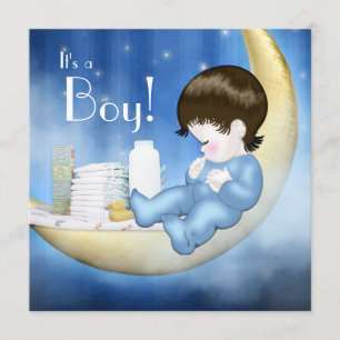 Blue and Yellow Moon Baby Boy Shower Invitation