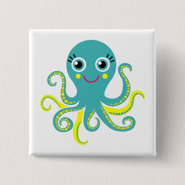 Blue and Yellow Octopus 2 Inch Square Button (Front)