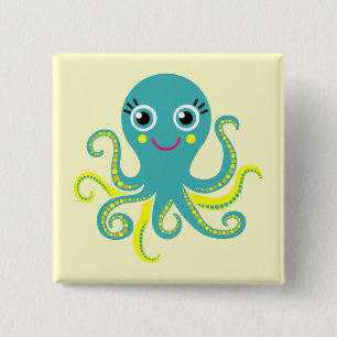 Blue and Yellow Octopus 2 Inch Square Button