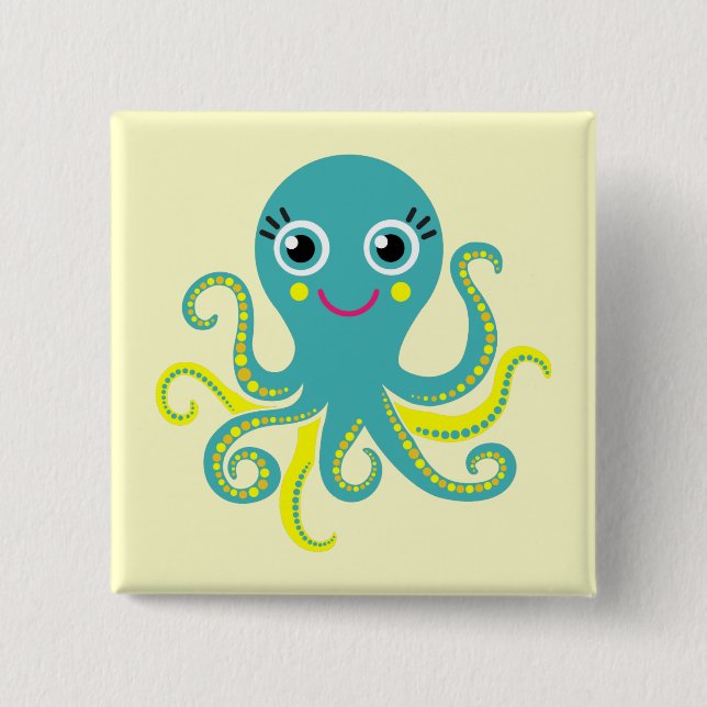 Blue and Yellow Octopus 2 Inch Square Button (Front)