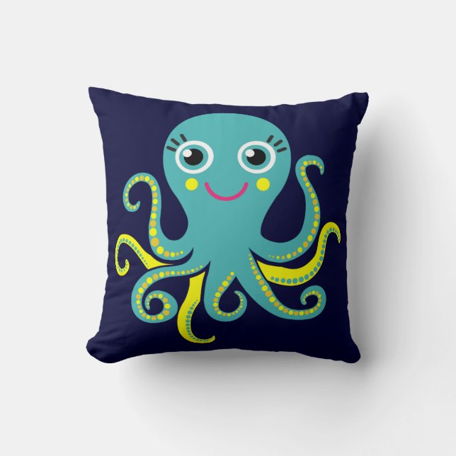 Blue and Yellow Octopus Throw Pillow (Front)