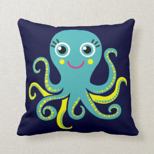 Blue and Yellow Octopus Throw Pillow
