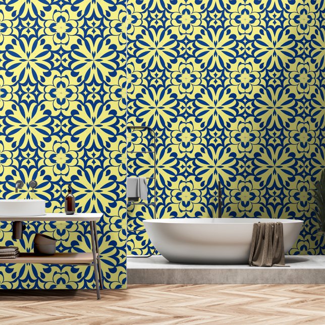 Blue and yellow oriental decor wallpaper (Bathroom)