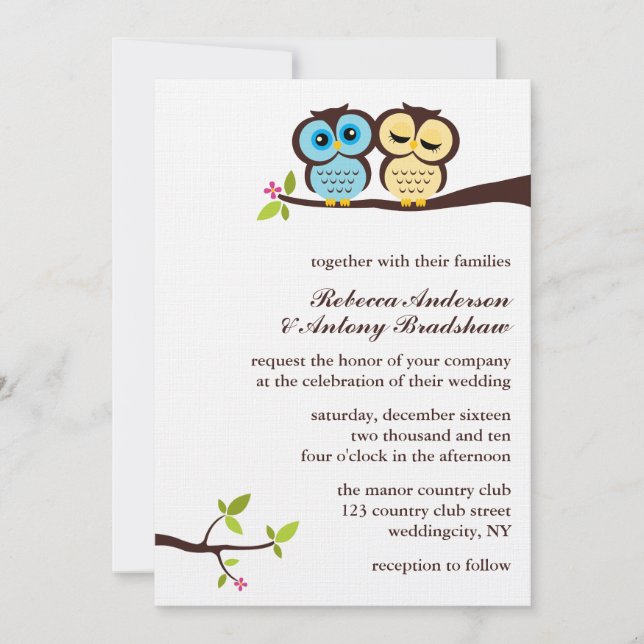 Blue and Yellow Owls Wedding Invitation (Front)