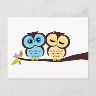 Blue and Yellow Owls Wedding Invitation Postcard