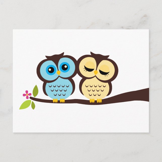 Blue and Yellow Owls Wedding Invitation Postcard (Front)