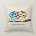 Blue and Yellow Owls Wedding Throw Pillow<br><div class="desc">This decorative pillow features a beautiful vector illustration of two owls perched on branch and is perfect for any spring,  summer,  fall or winter wedding. Personalize with your names,  monogram,  or initials and your wedding anniversary date.</div>