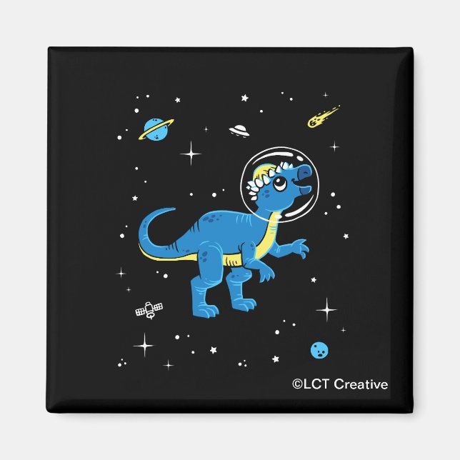Blue And Yellow Pachycephalosaurus Dinos In Space Magnet (Front)