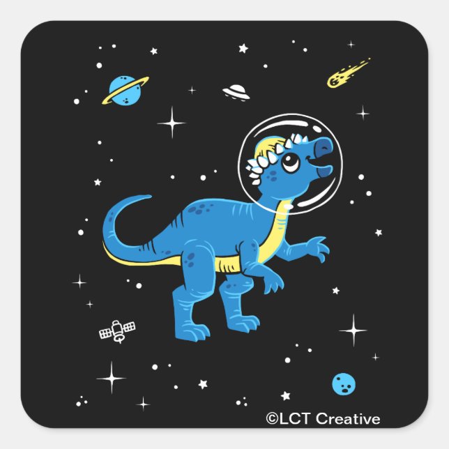 Blue And Yellow Pachycephalosaurus Dinos In Space Square Sticker (Front)