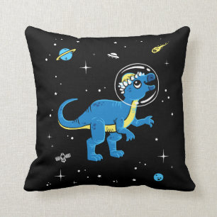 Blue And Yellow Pachycephalosaurus Dinos In Space Throw Pillow