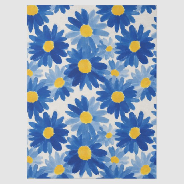 Blue and yellow painterly flowers tissue paper (Front)
