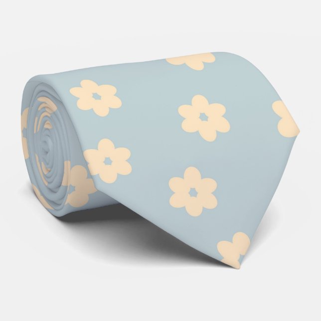 Blue and Yellow Pastel Daisy Flower Pattern Tie (Rolled)