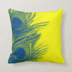 Blue and Yellow Peacock Feather Pillow