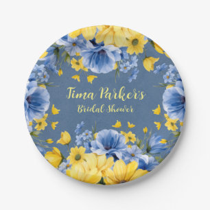 Blue and Yellow Peony Floral Bridal Shower Paper Plate