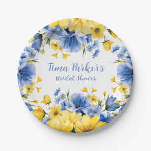 Blue and Yellow Peony Floral Bridal Shower Paper Plate
