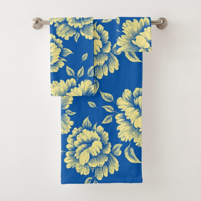 Blue and Yellow Peony Toile - French Country Decor Bath Towel Set (Insitu)