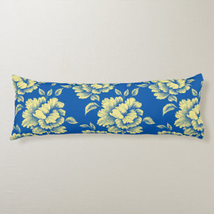Blue and Yellow Peony Toile - French Country Decor Body Pillow