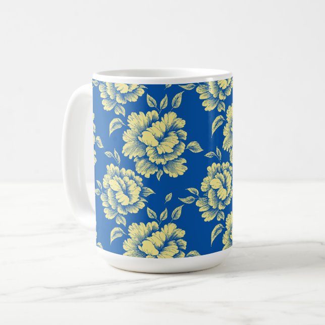 Blue and Yellow Peony Toile - French Country Decor Coffee Mug (Front Left)