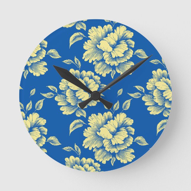 Blue and Yellow Peony Toile - French Country Decor Round Clock (Front)