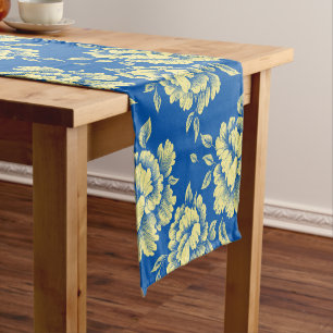 Blue and Yellow Peony Toile - French Country Decor Short Table Runner