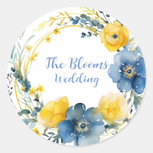 Blue and Yellow Peony Wreath Floral Wedding Classic Round Sticker