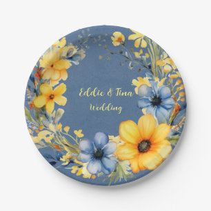 Blue and Yellow Peony Wreath Floral Wedding Paper Plate