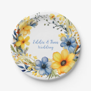 Blue and Yellow Peony Wreath Floral Wedding Paper Plate