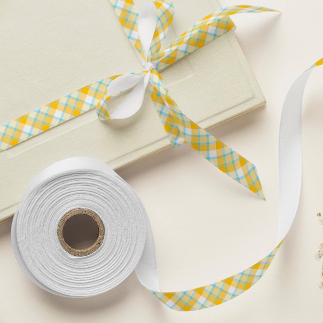 Blue and Yellow Plaid Ribbon | Baby Shower or Gift Satin Ribbon (yellow and blue pastel gender neutral ribbon)