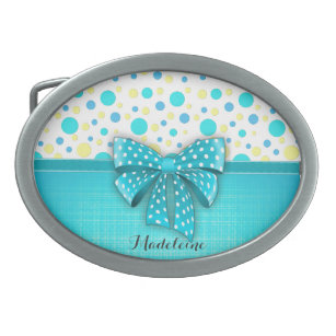 Blue and Yellow Polka Dots, Turquoise Blue Ribbon Belt Buckle
