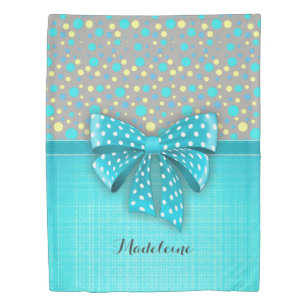 Blue and Yellow Polka Dots, Turquoise Blue Ribbon Duvet Cover