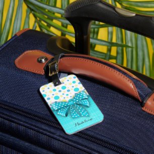 Blue and Yellow Polka Dots, Turquoise Blue Ribbon Luggage Tag
