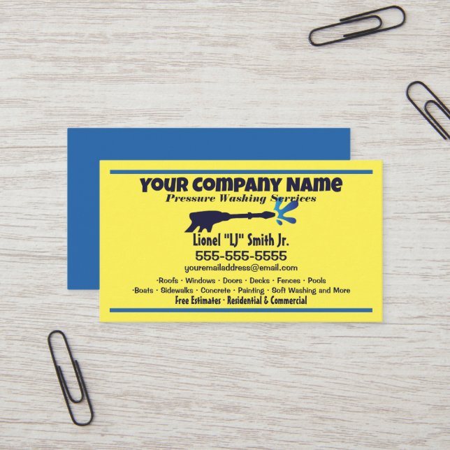 Blue and Yellow Pressure Washing Business Card (Front/Back In Situ)
