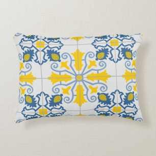 Blue and yellow pretty Portuguese tiles pattern Accent Pillow