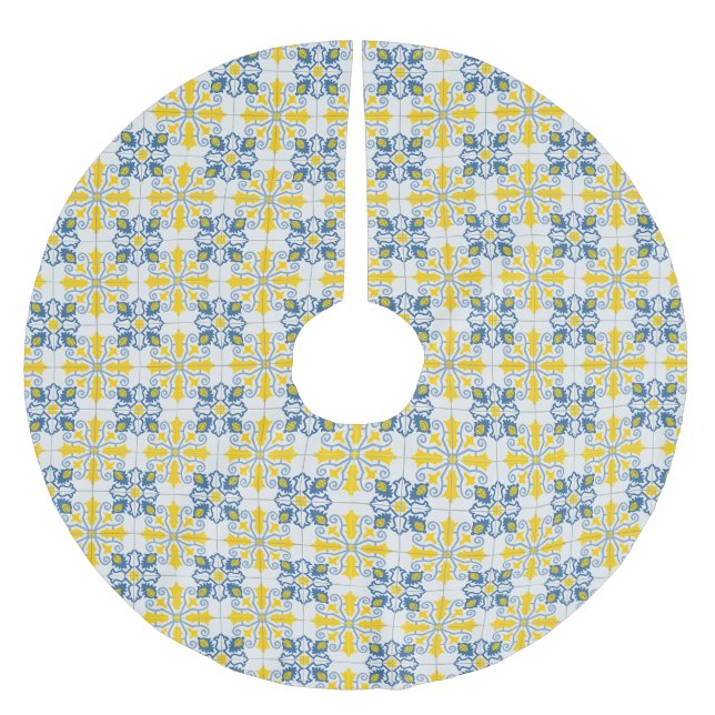 Blue and yellow pretty Portuguese tiles pattern Brushed Polyester Tree Skirt (Front)