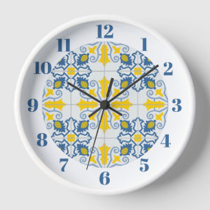 Blue and yellow pretty Portuguese tiles pattern Clock